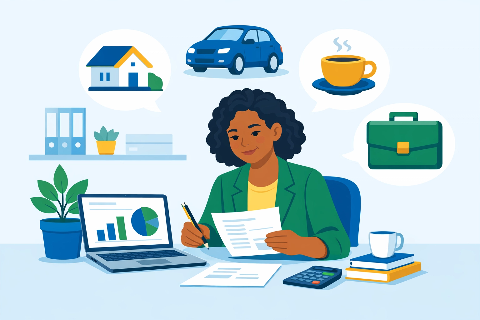 Small business owner tracking expenses and reviewing financial reports for tax planning