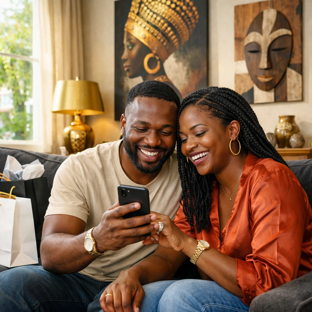 Happy Black couple browsing Black-owned brands on their phone to make modern money moves together.