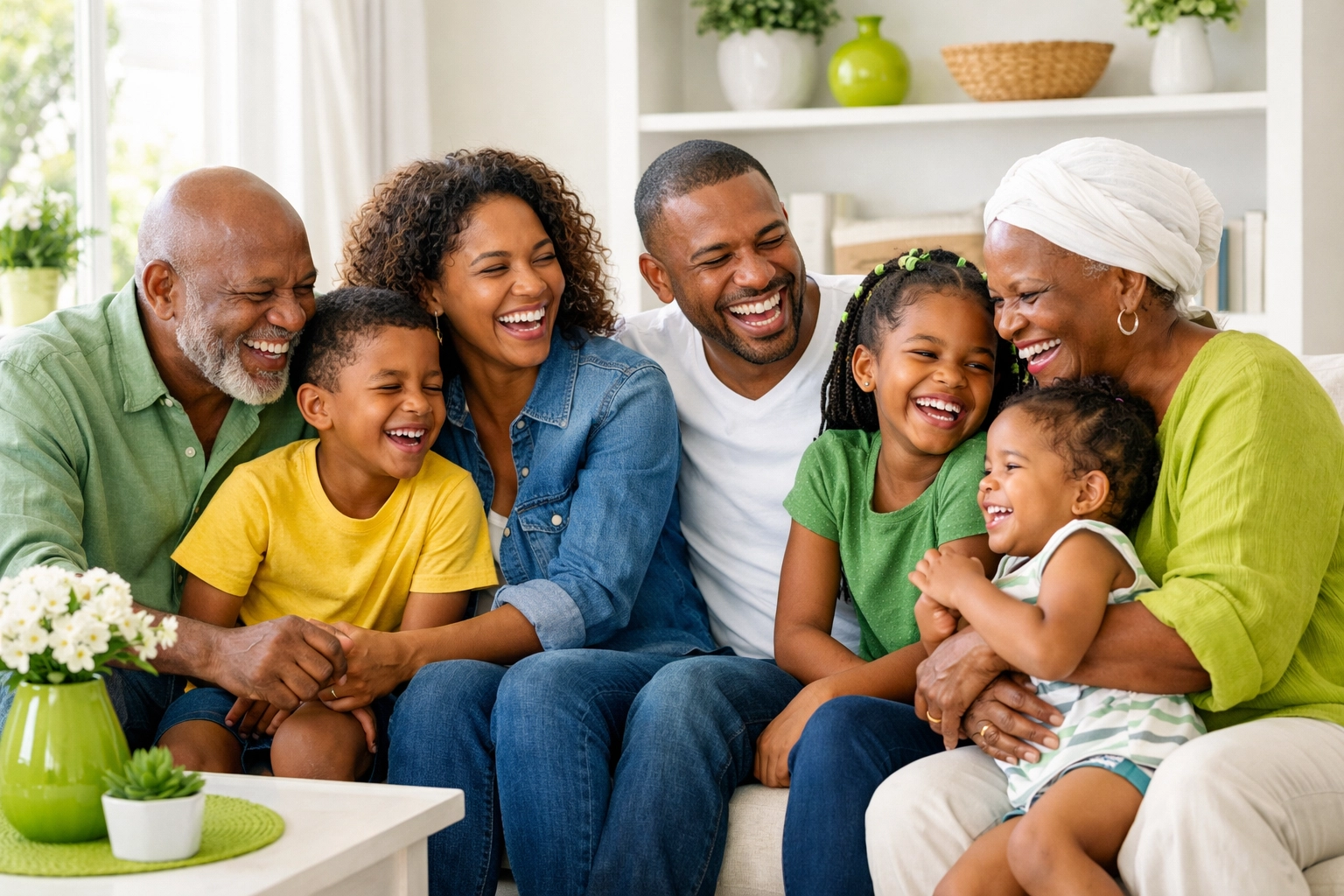 A happy multi-generational African family laughing together, symbolizing holistic community wellness.