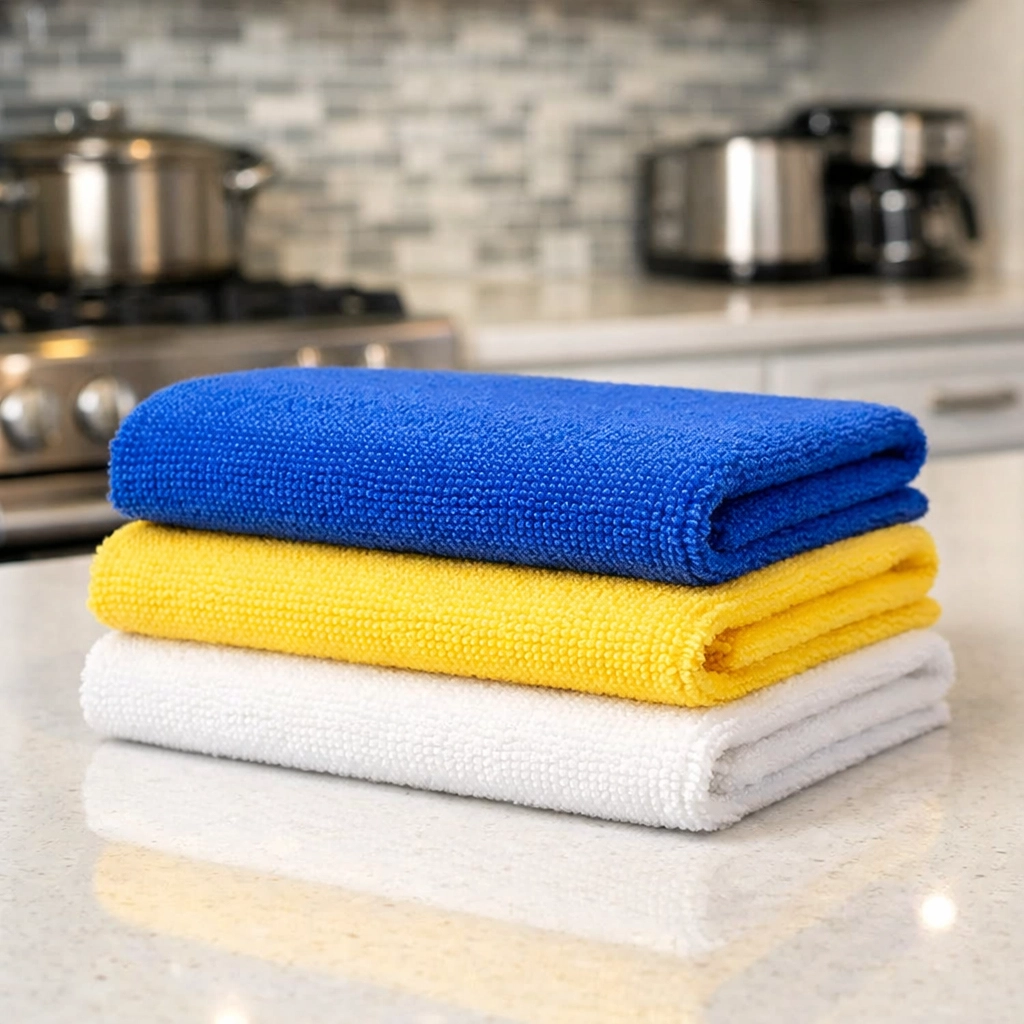Sanitary microfiber cloths ready for professional maid services Lowell in a modern luxury kitchen.