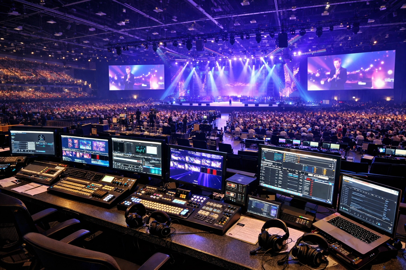 Multi-camera conference videography setup at a large-scale international business convention.