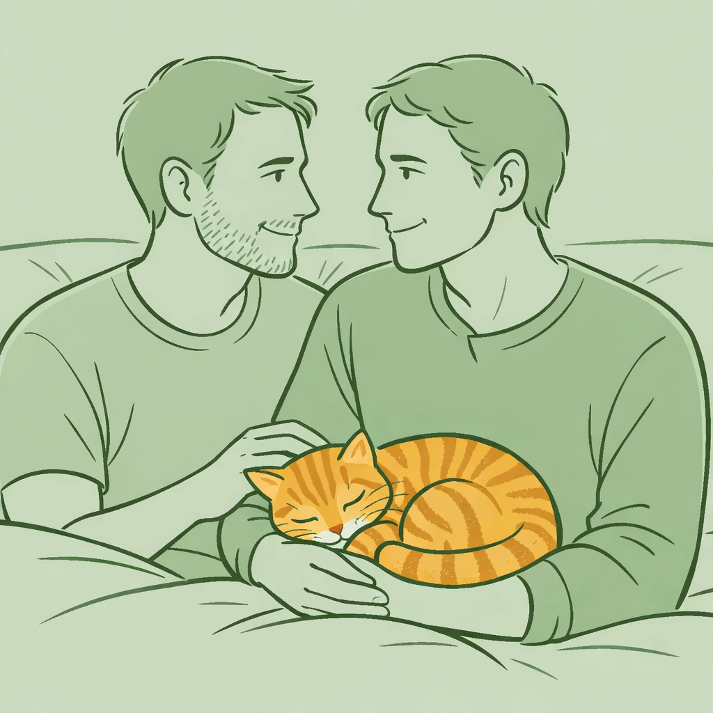 Gay couple caring for rescue cat during LGBTQ+ animal welfare movement
