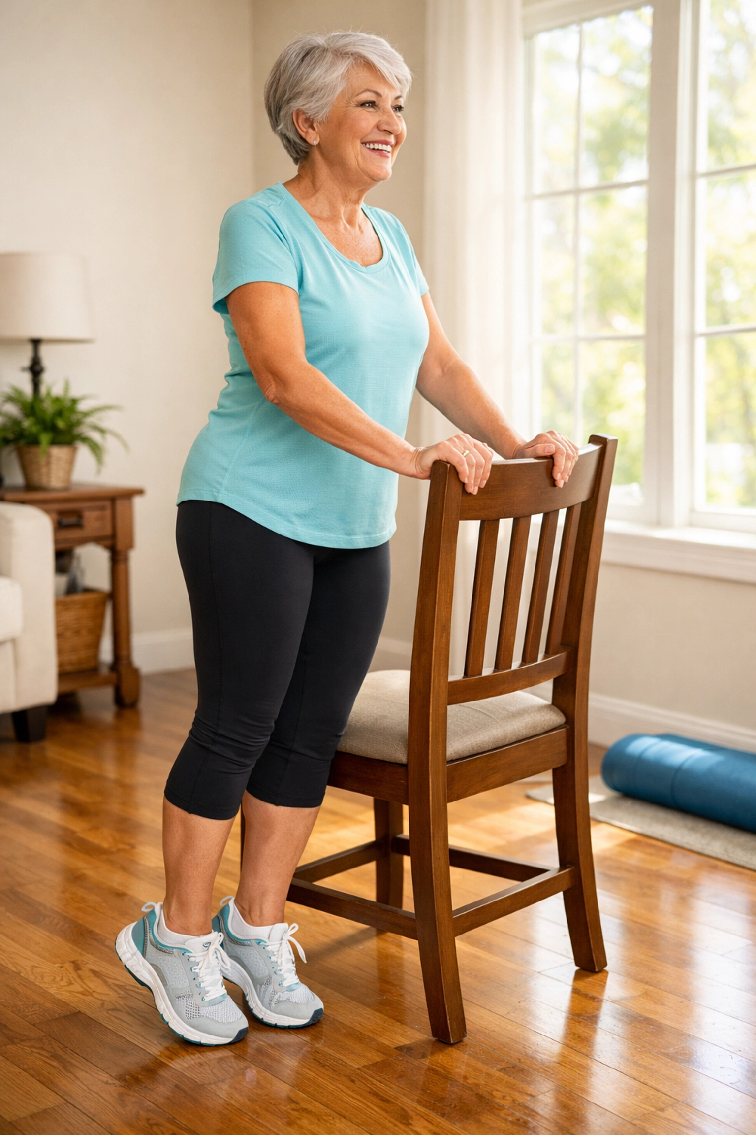 Senior woman performing calf raise exercise with chair support for fall prevention strength