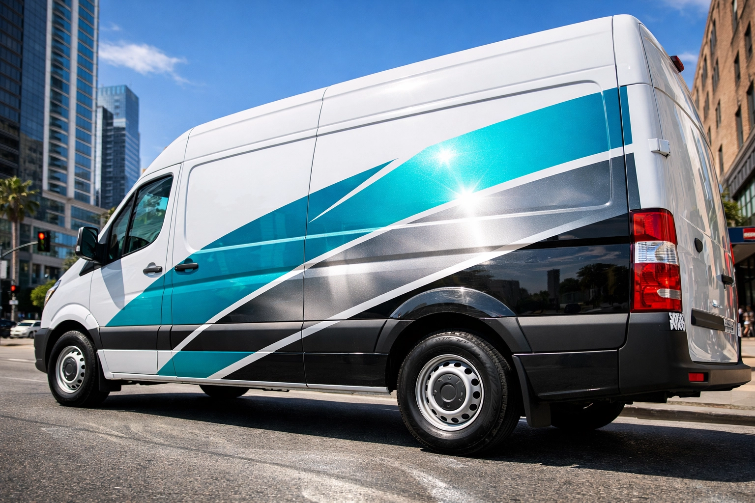 White service van featuring a professional partial vinyl decal wrap for effective local mobile advertising.