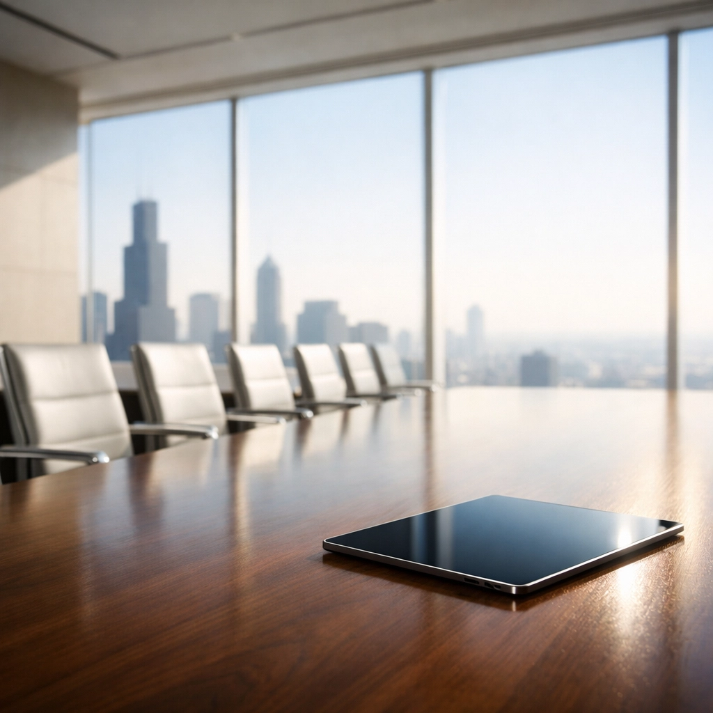 An organized Chicago corporate boardroom representing reliable office cleaning standards and clear communication.