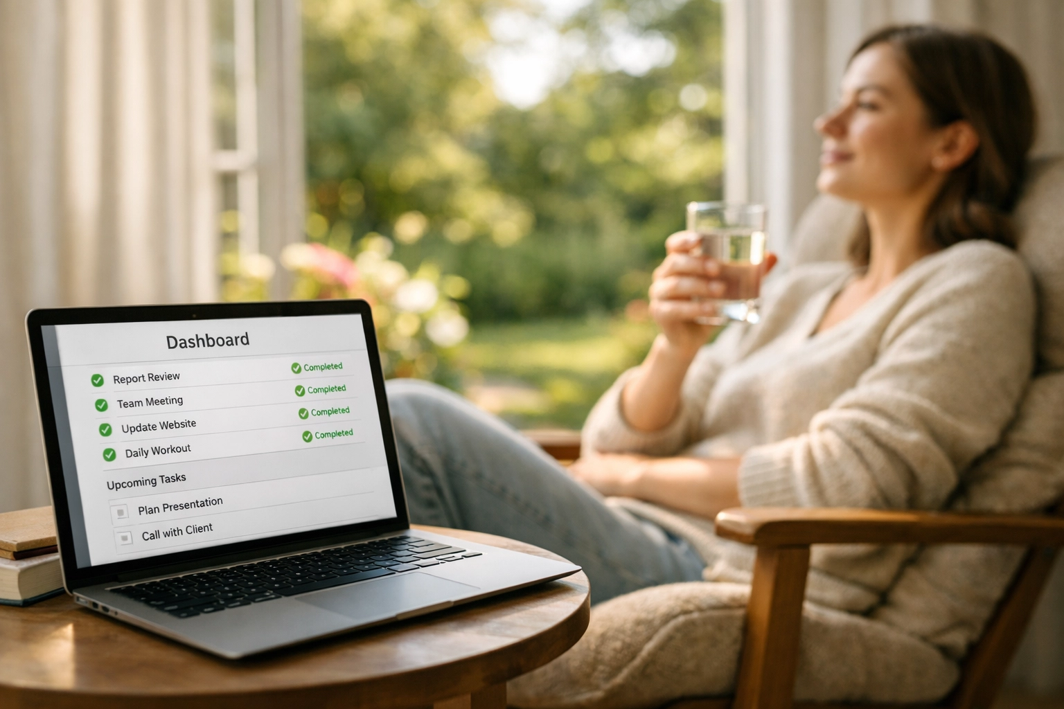 A relaxed business owner with a laptop showing completed bookkeeping tasks and tax planning.