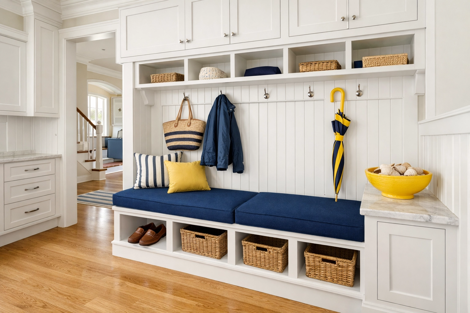 Clean mudroom entryway in a coastal estate with sand-free hardwood floors and white cabinetry.