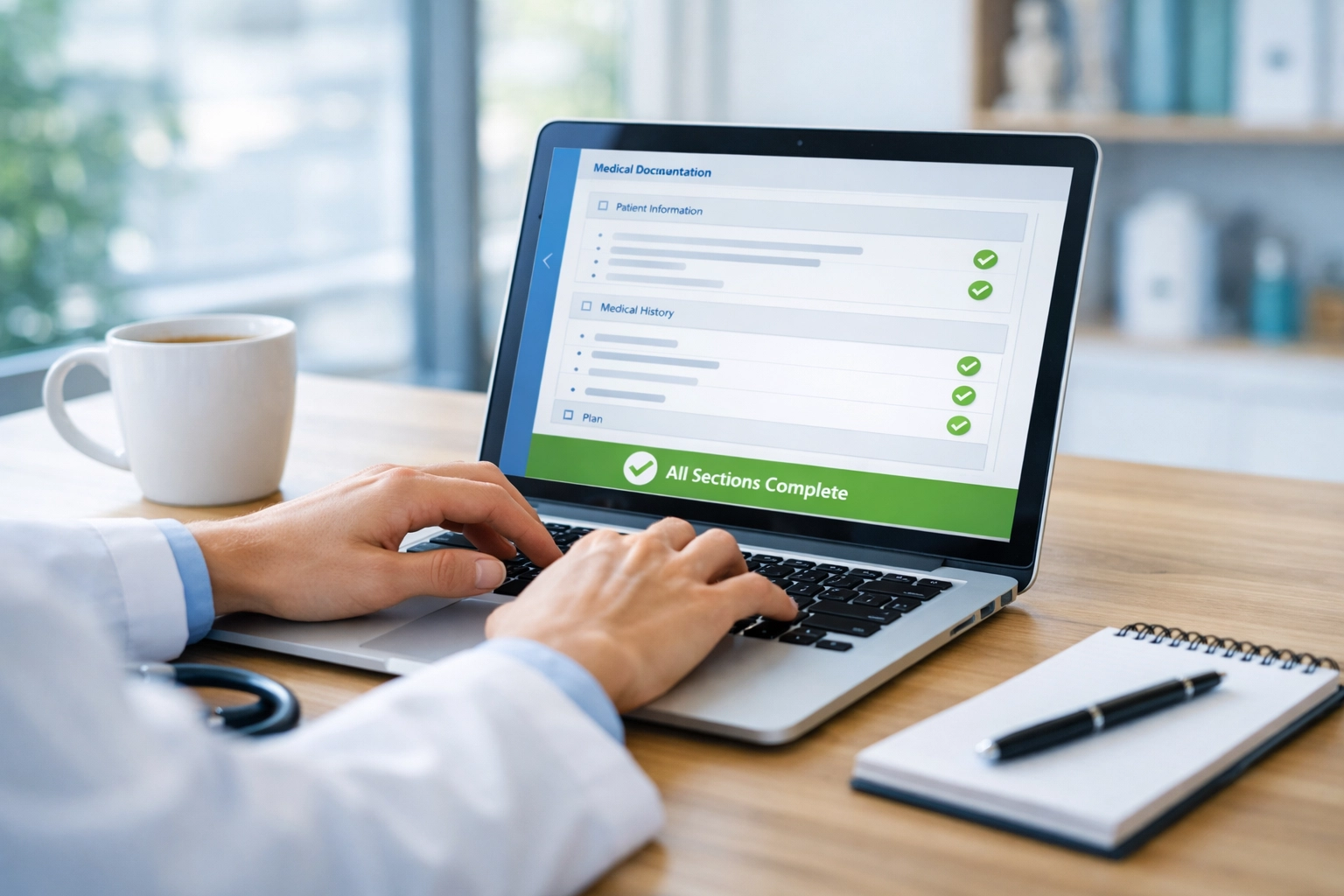 Clinician using automated MIPS reporting software with validation indicators on laptop screen