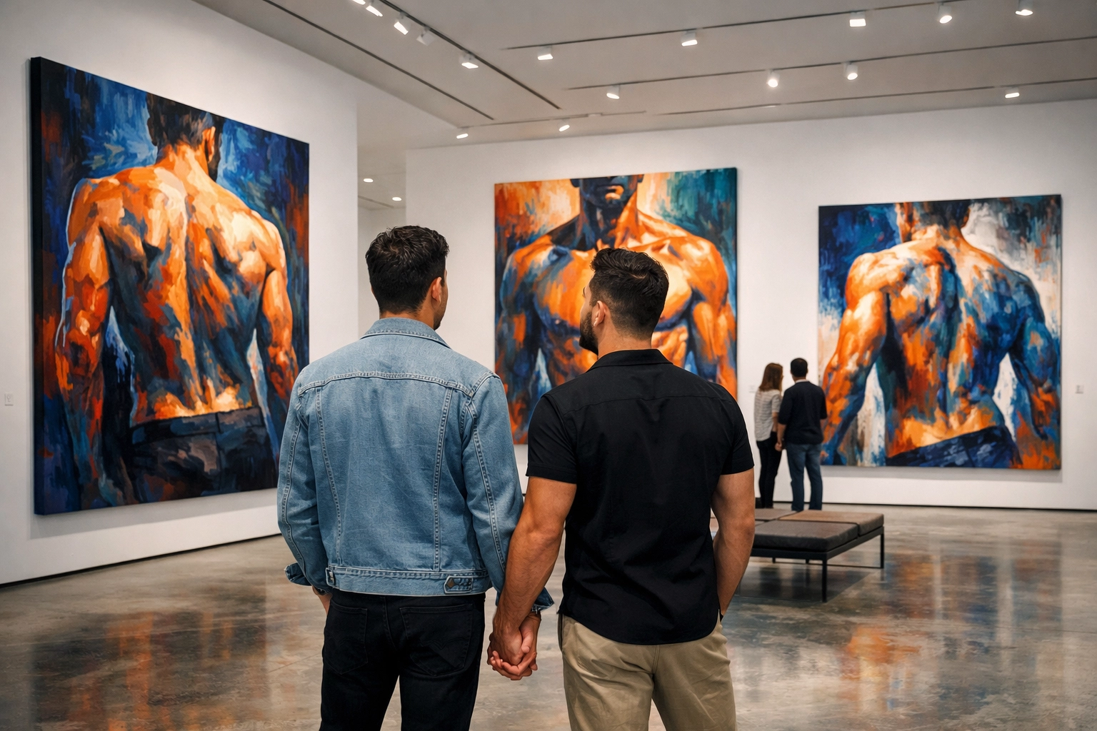 A gay couple holding hands while viewing paintings of the male form in an art gallery.