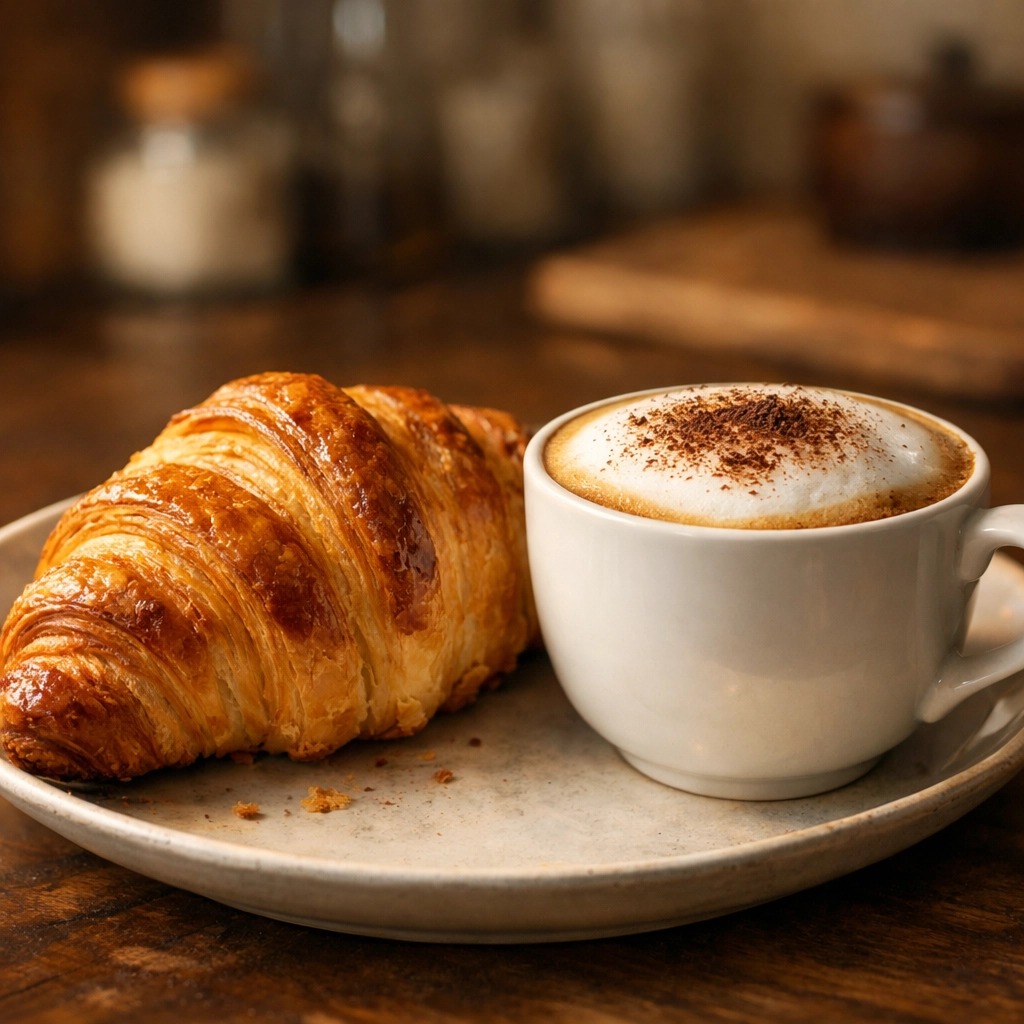 Flaky golden croissant served with a creamy cappuccino topped with chocolate powder.