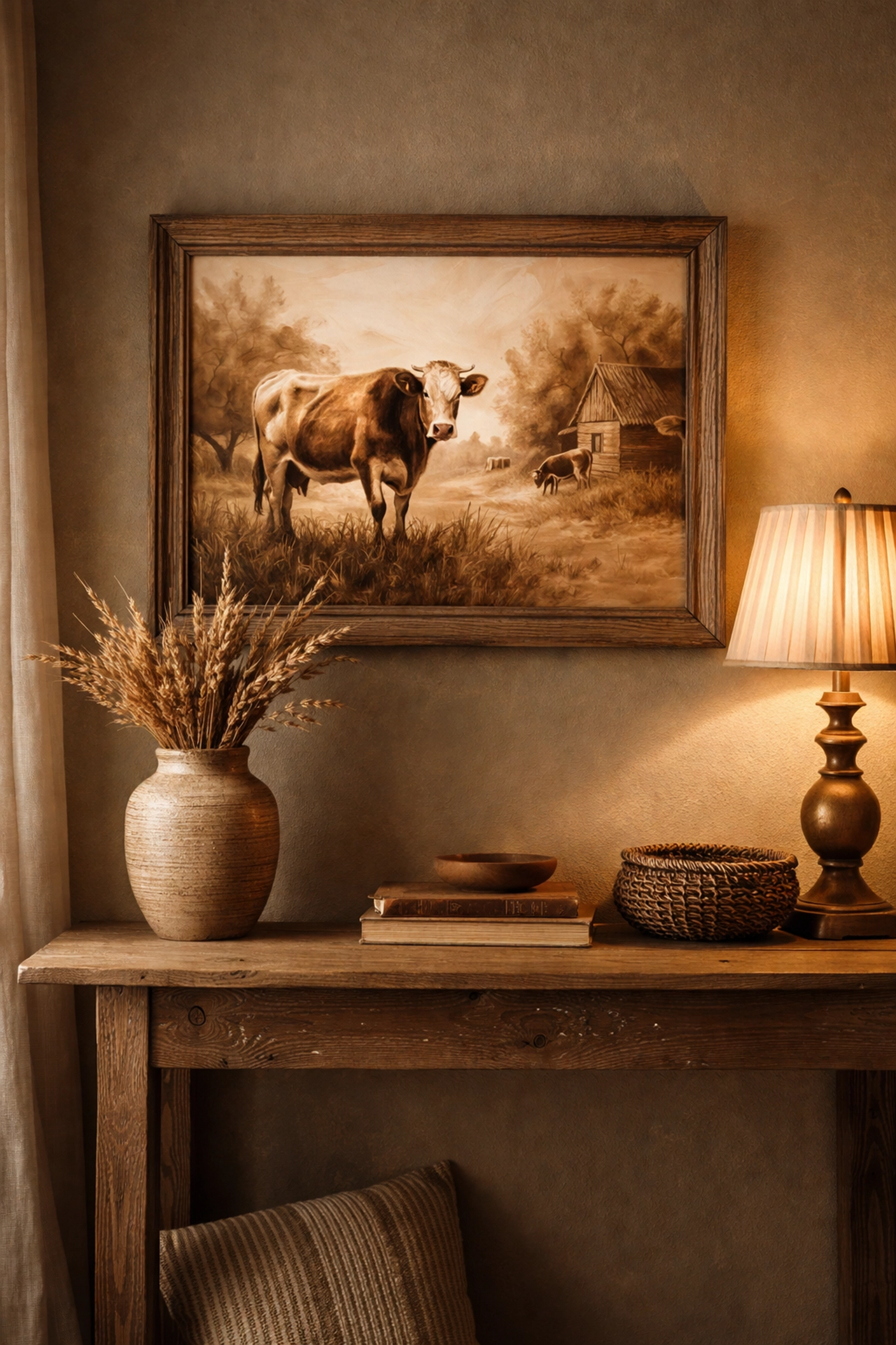Pastoral cow painting in warm tones on a rustic wall, showcasing handcrafted home art trends