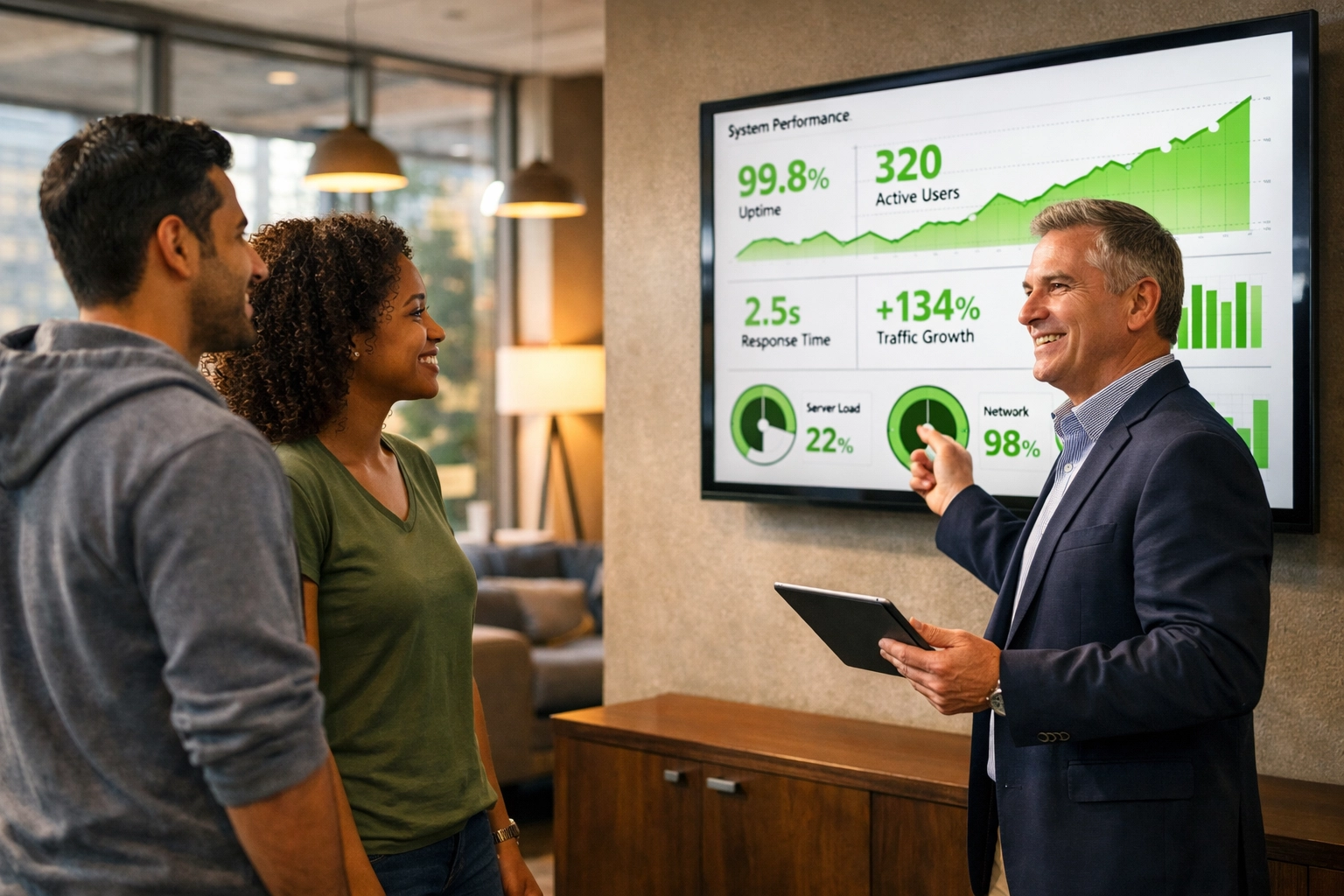 IT team analyzing ServiceNow platform health scores and ROI performance metrics on an office dashboard.
