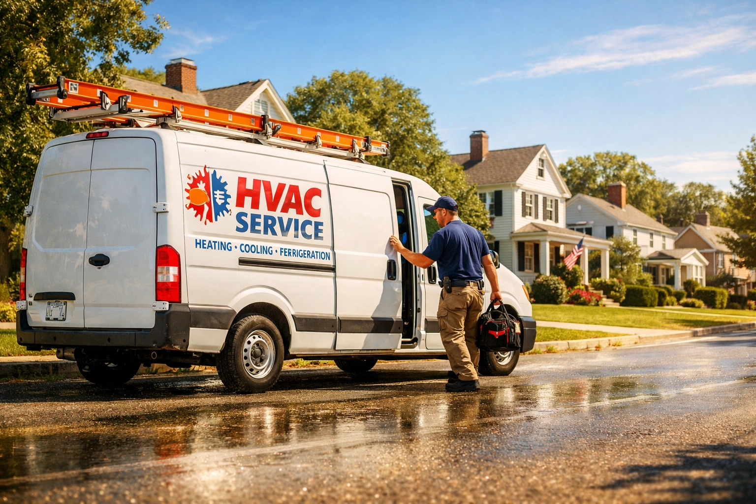 HVAC service van parked in a CT neighborhood during the summer rush, highlighting commercial auto insurance needs.
