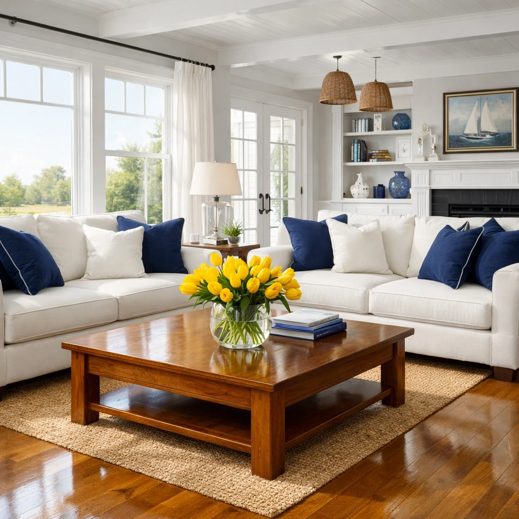 Impeccably clean Marstons Mills living room after a professional bi-weekly house cleaning service.