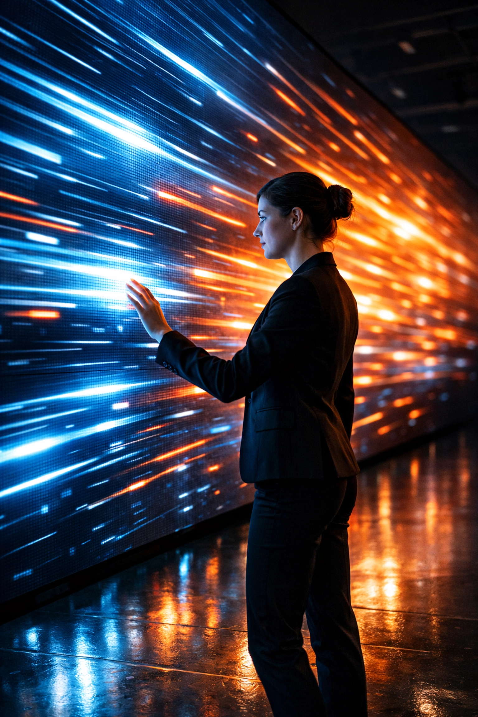 Professional interacting with a glowing LED wall at the Super Bowl 2026 fan experience at Moscone Center.
