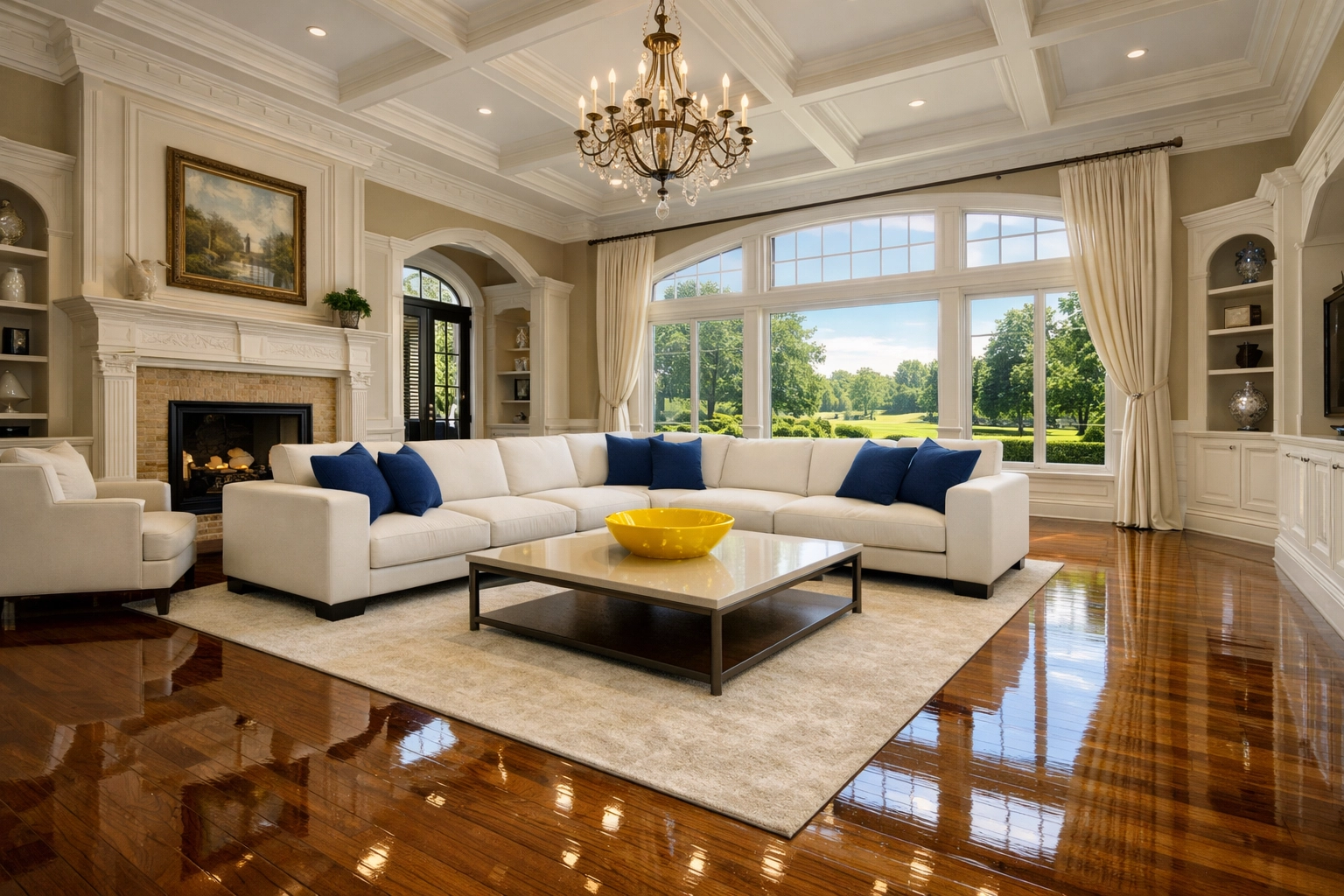 Spacious Southborough living room with buffed floors after a successful move-in cleaning Southborough MA.