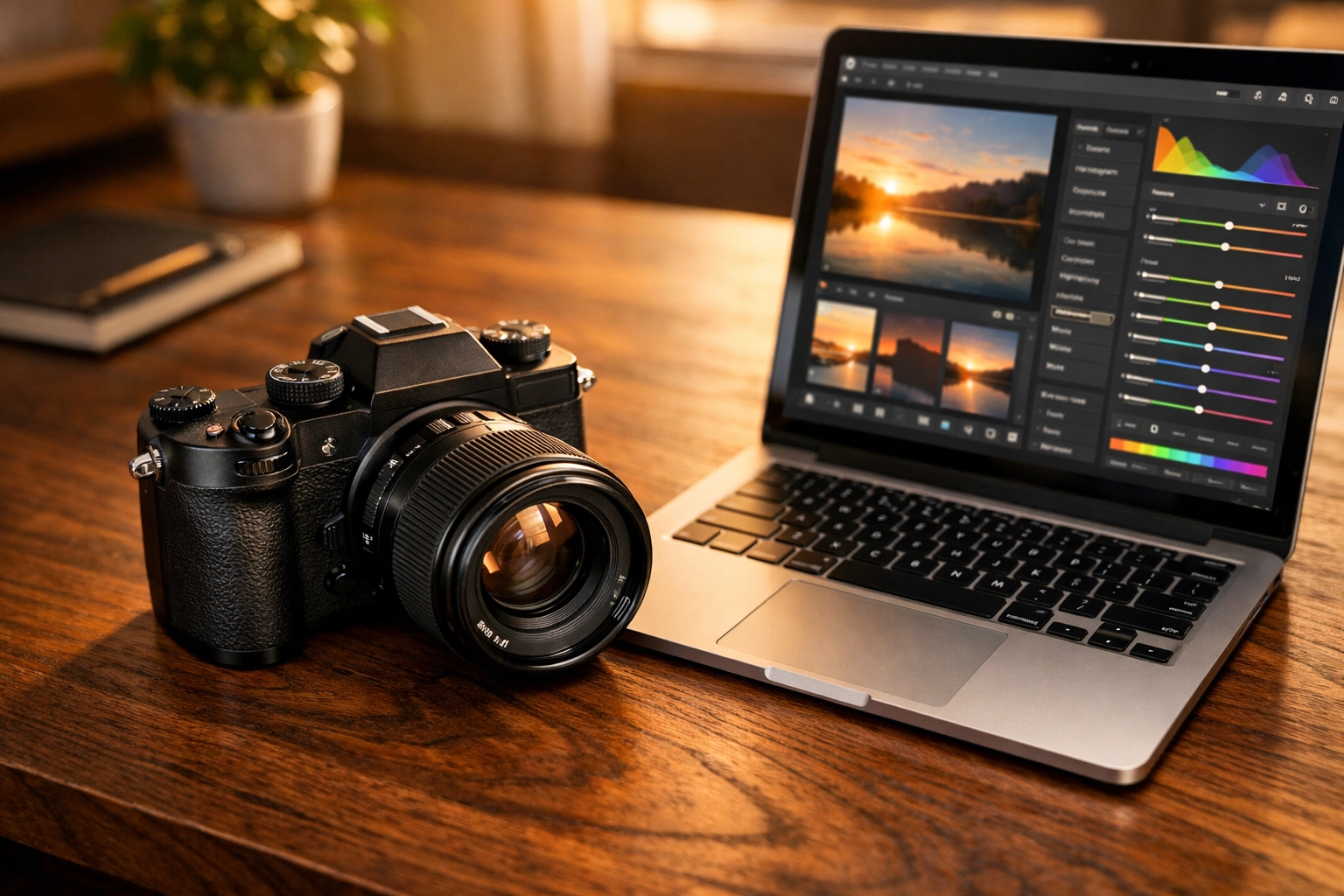 Professional mirrorless camera setup on a wooden desk with photo editing software on a laptop.