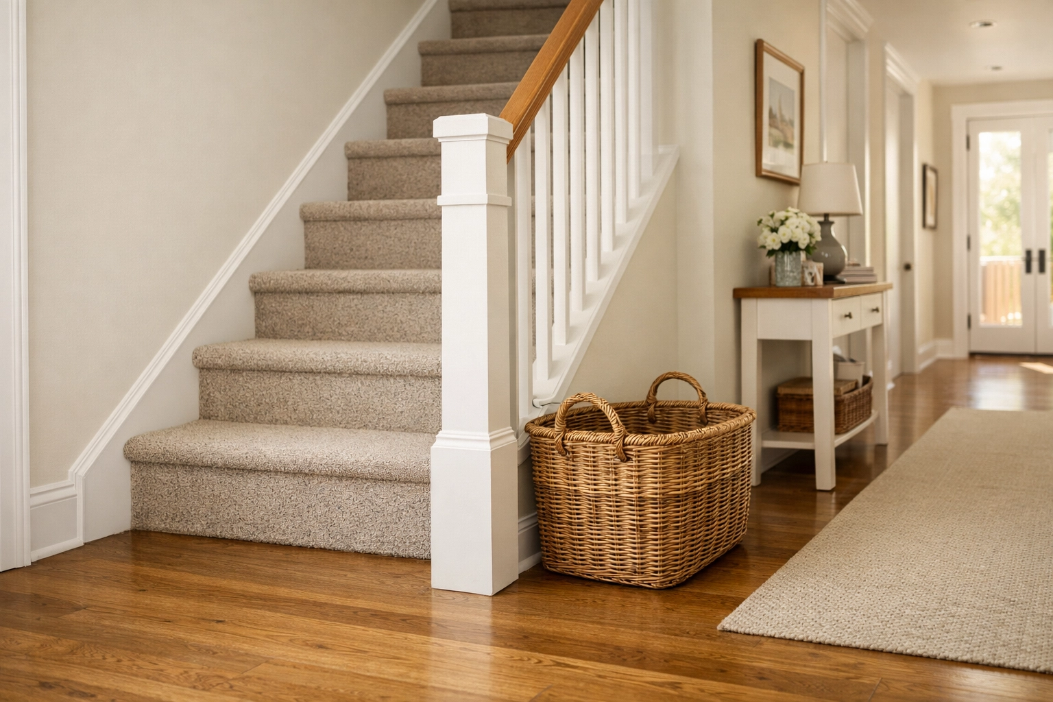 A clean, clutter-free staircase and hallway with a storage basket kept off the steps for safety.