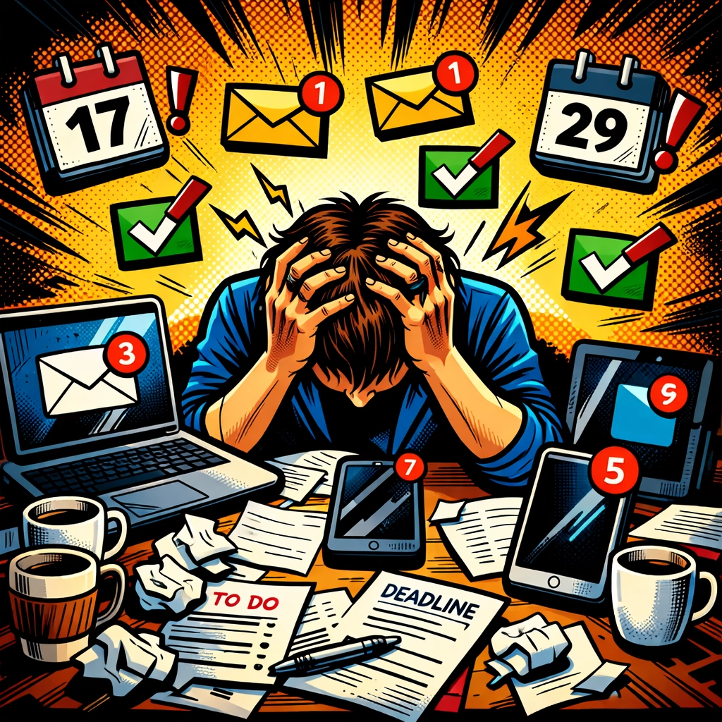 Overwhelmed solopreneur at desk buried in paperwork, emails, and business tasks