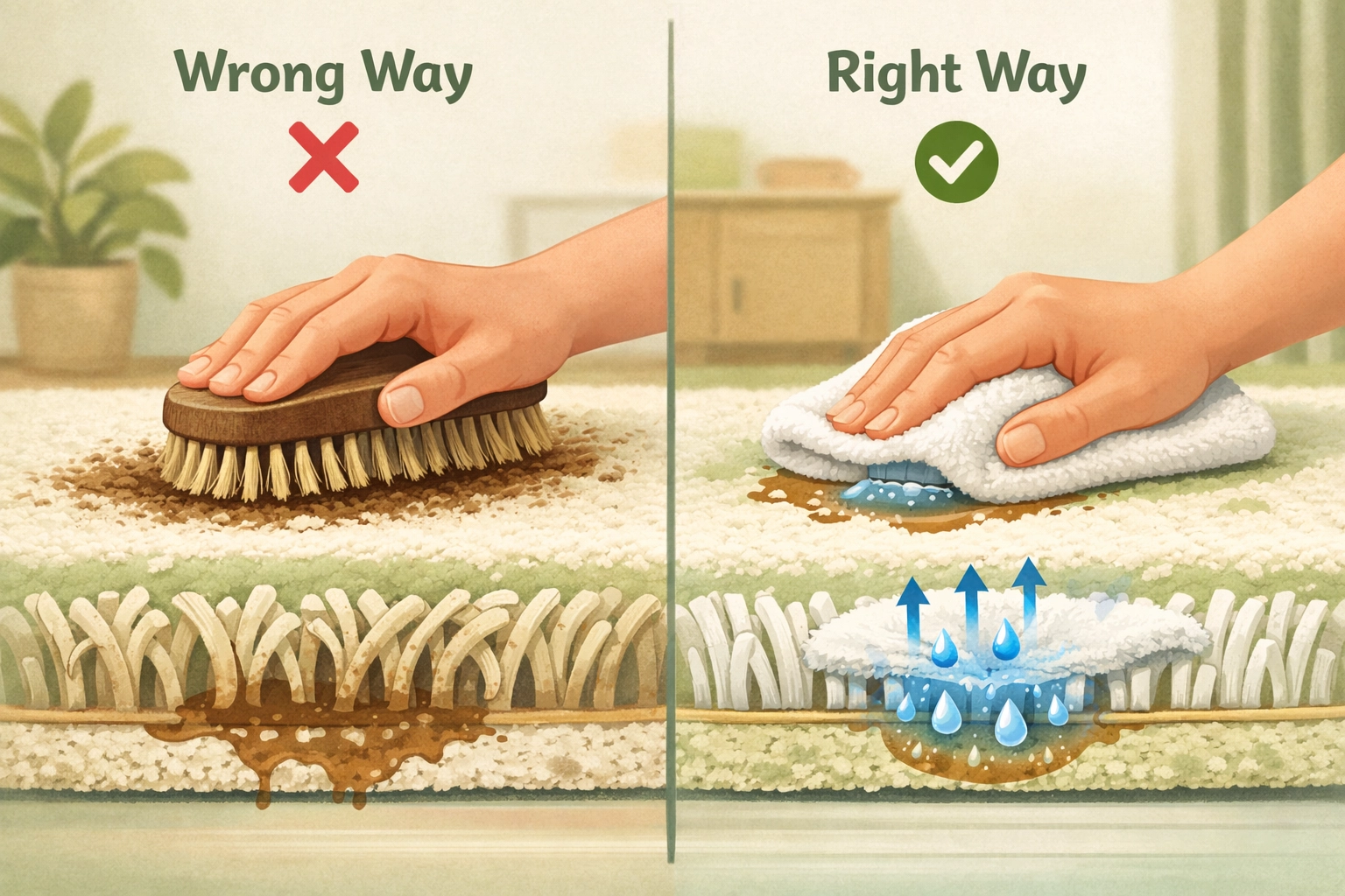 Illustration of proper carpet blotting vs. scrubbing for residential cleaning in Blacksburg.
