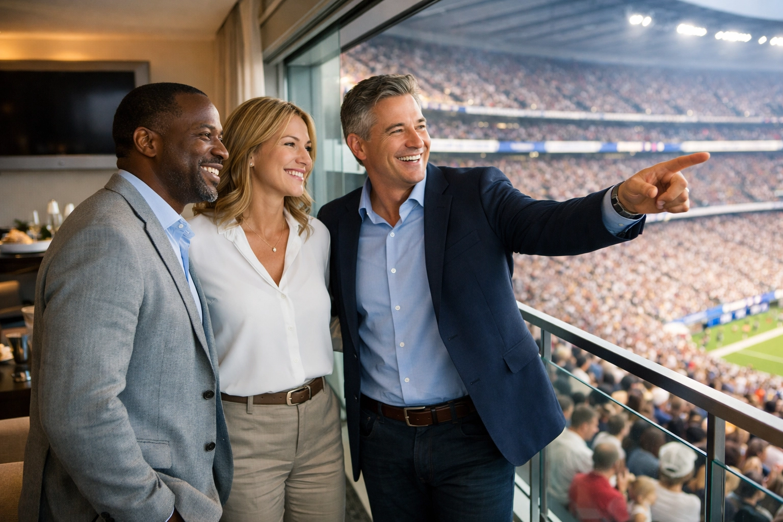 Executives in a luxury stadium suite hosting a successful Super Bowl brand visibility event.