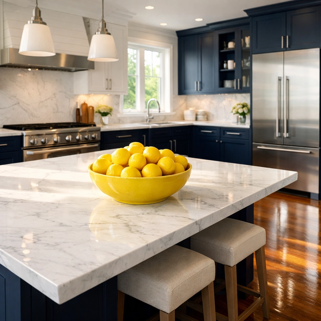 Modern luxury kitchen with polished floors and blue cabinetry after professional house cleaning in Westford.