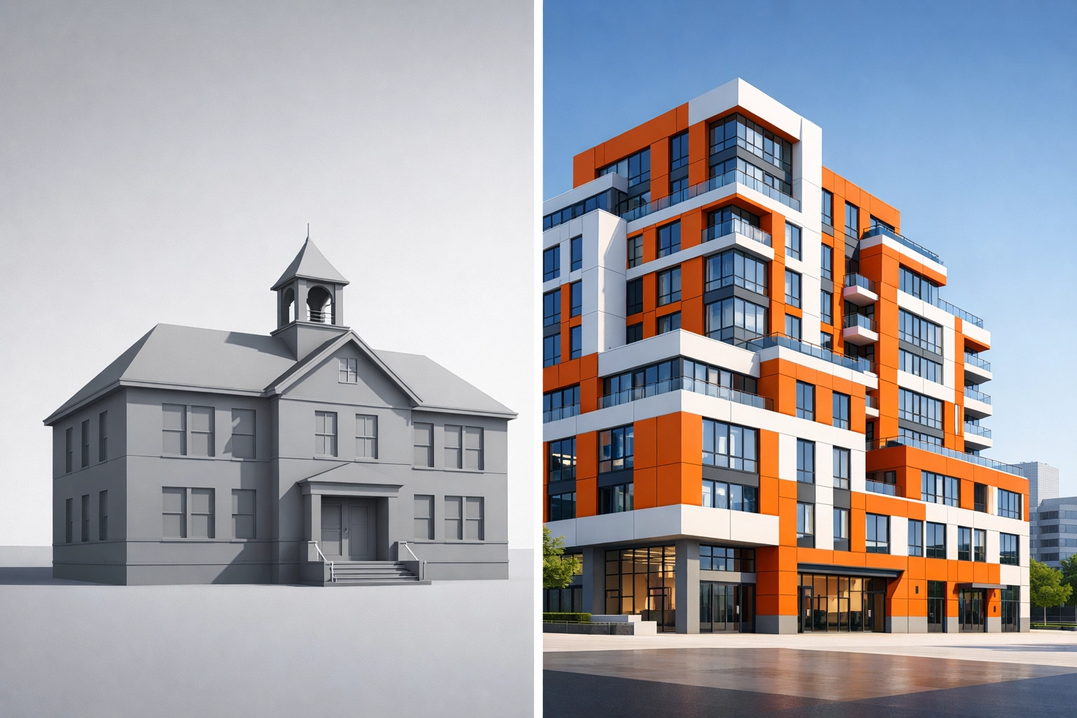Traditional school building compared to modern multi-story educational facility