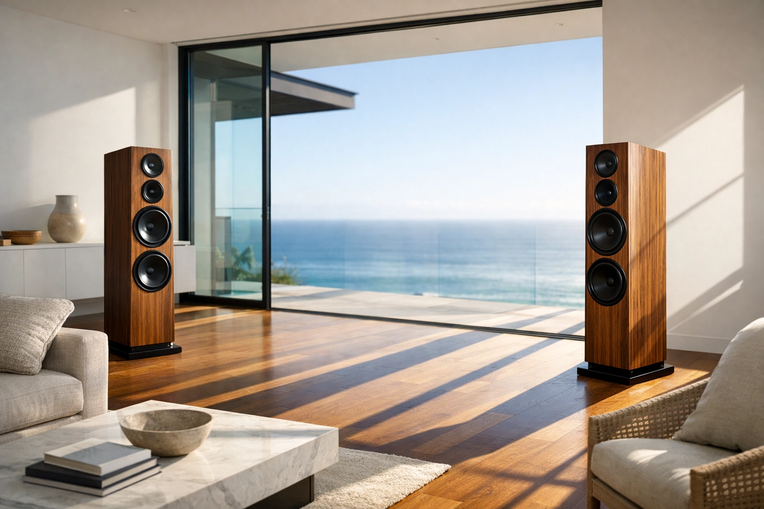 Modern living room with audiophile speakers Australia showing how room layout affects high end audio quality.
