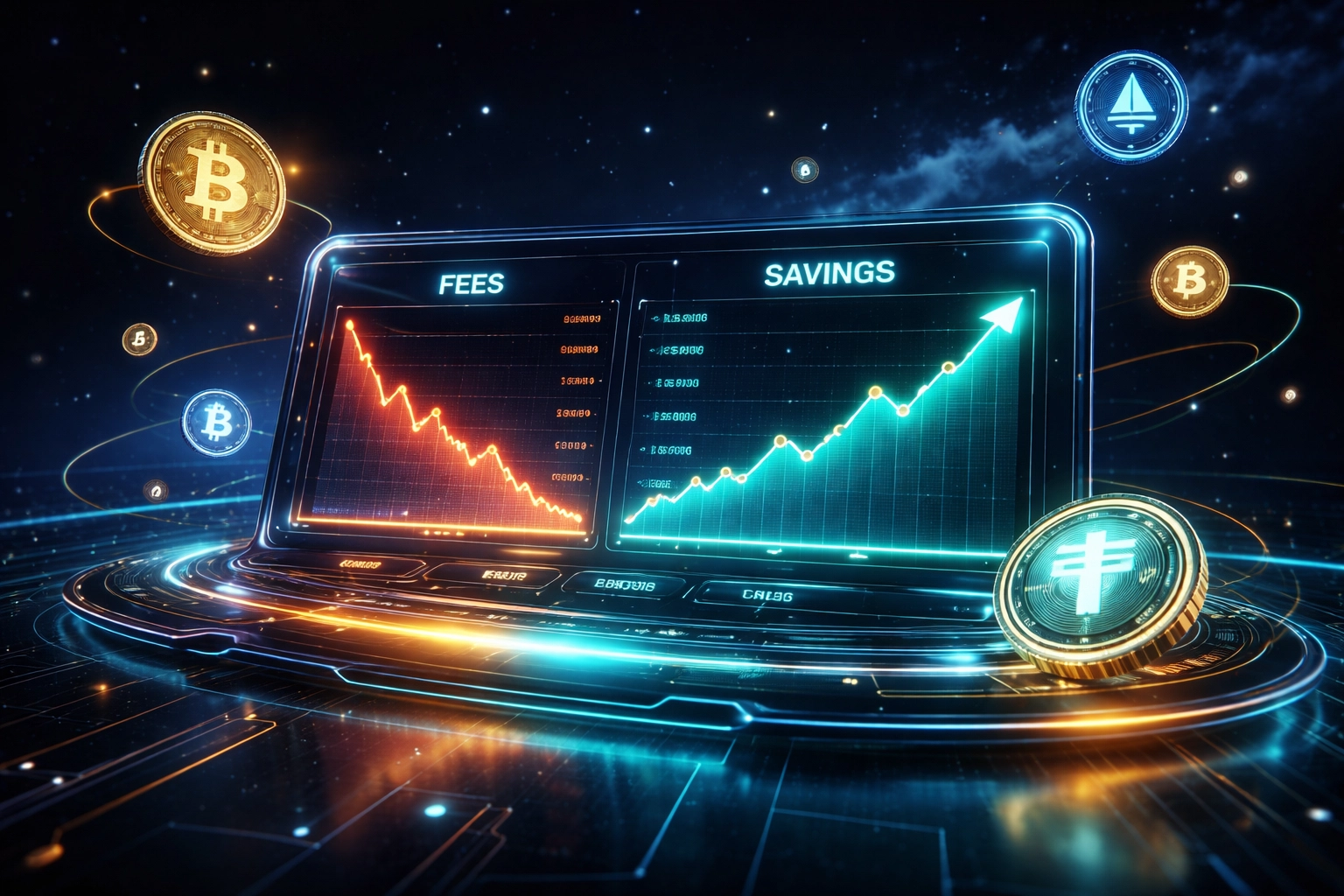 Digital dashboard in space highlighting reduced merchant interchange fees and rising savings with cryptocurrencies and stablecoins
