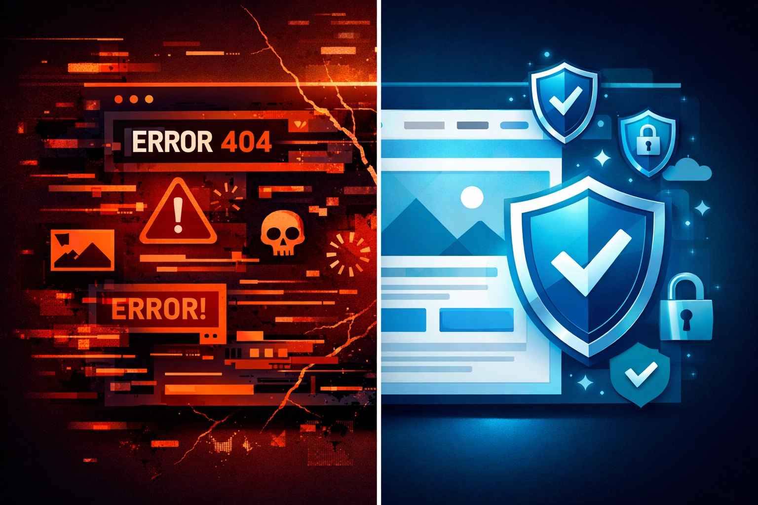 Comparison of neglected website with errors versus properly maintained secure website