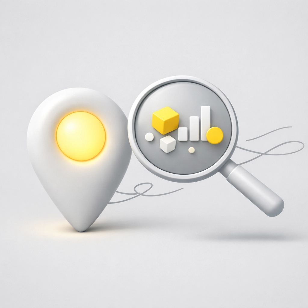 Magnifying glass over a map pin illustrating local SEO and keyword optimization for Google Maps rankings.