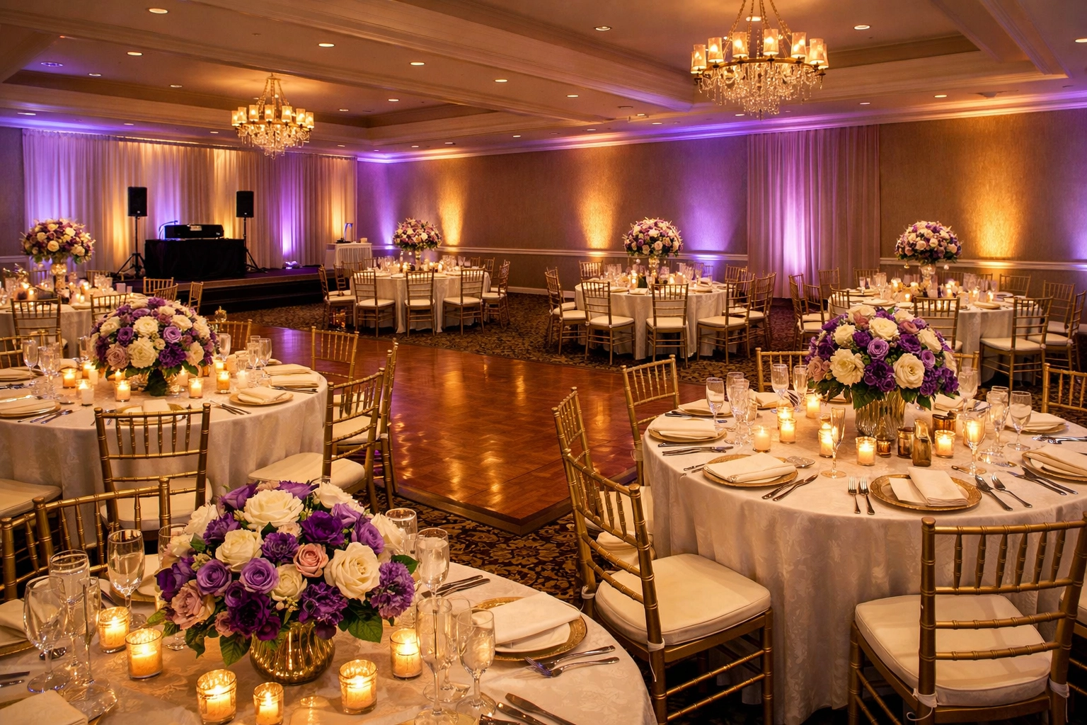Banquet hall in Frankfort KY featuring formal table arrangements and spacious layout
