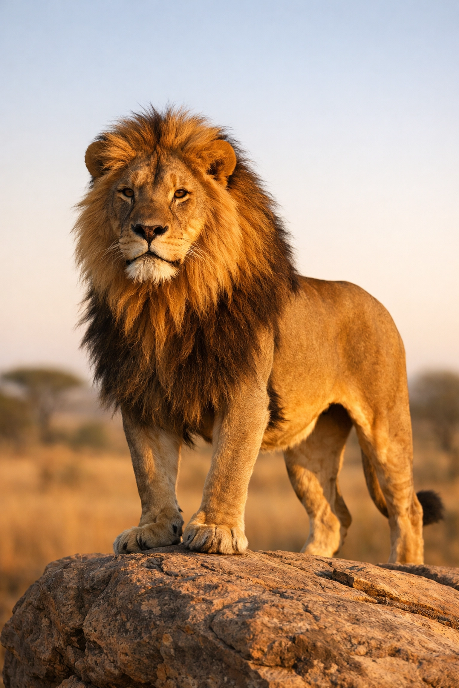 Majestic male lion portrait at sunset, ideal for zoo stock photography and brand marketing.