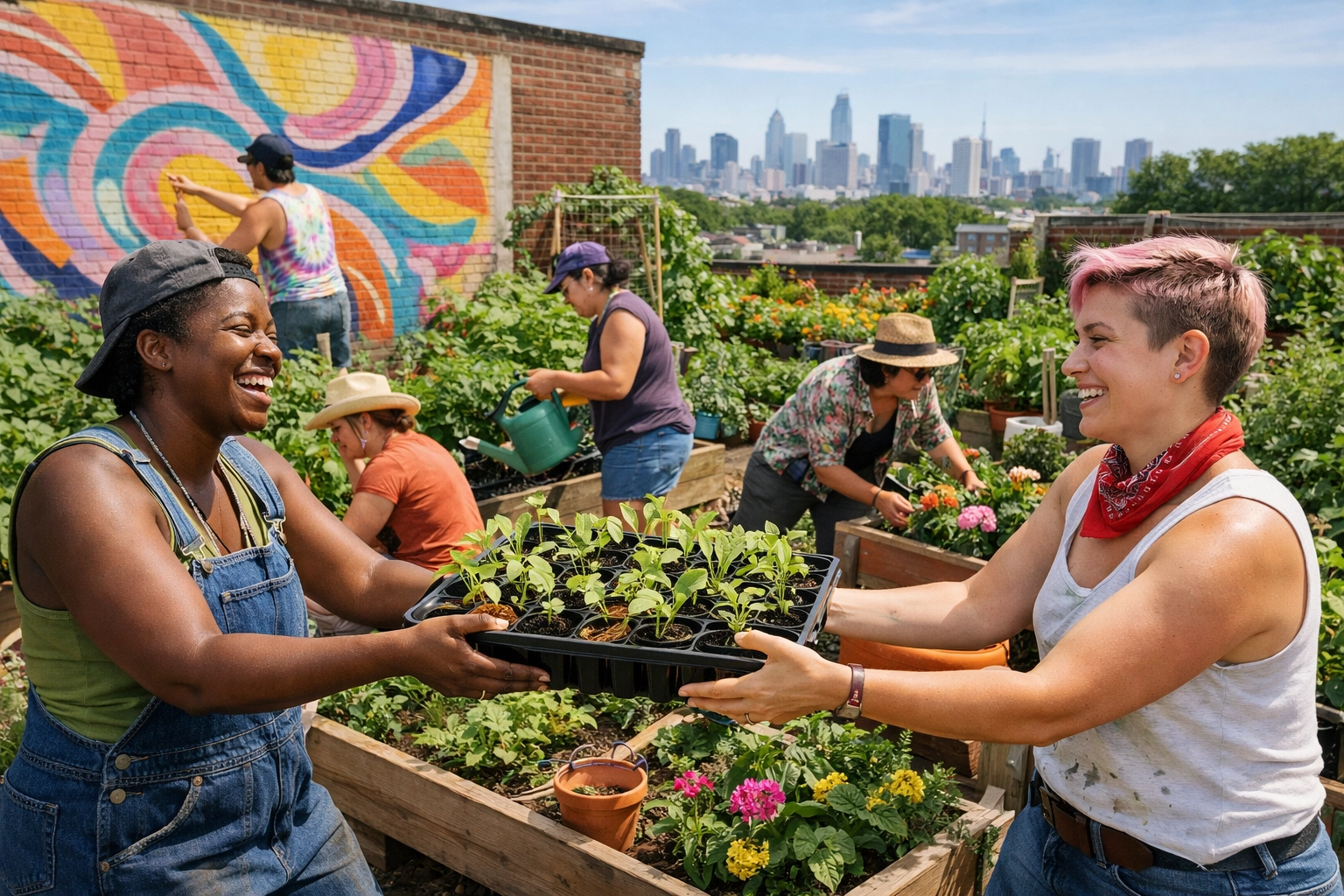 Diverse LGBTQ+ community building through grassroots organizing in a vibrant urban garden.