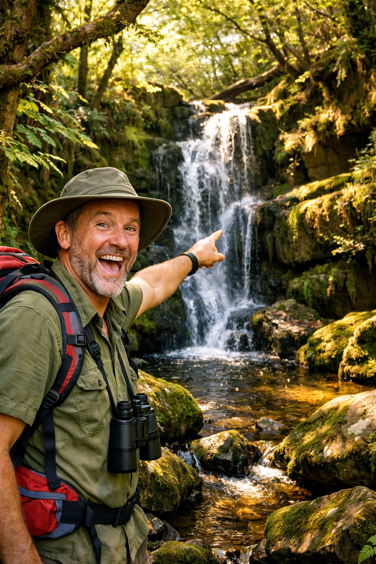 Hiking guide pointing to hidden waterfall on UK woodland trail discovery