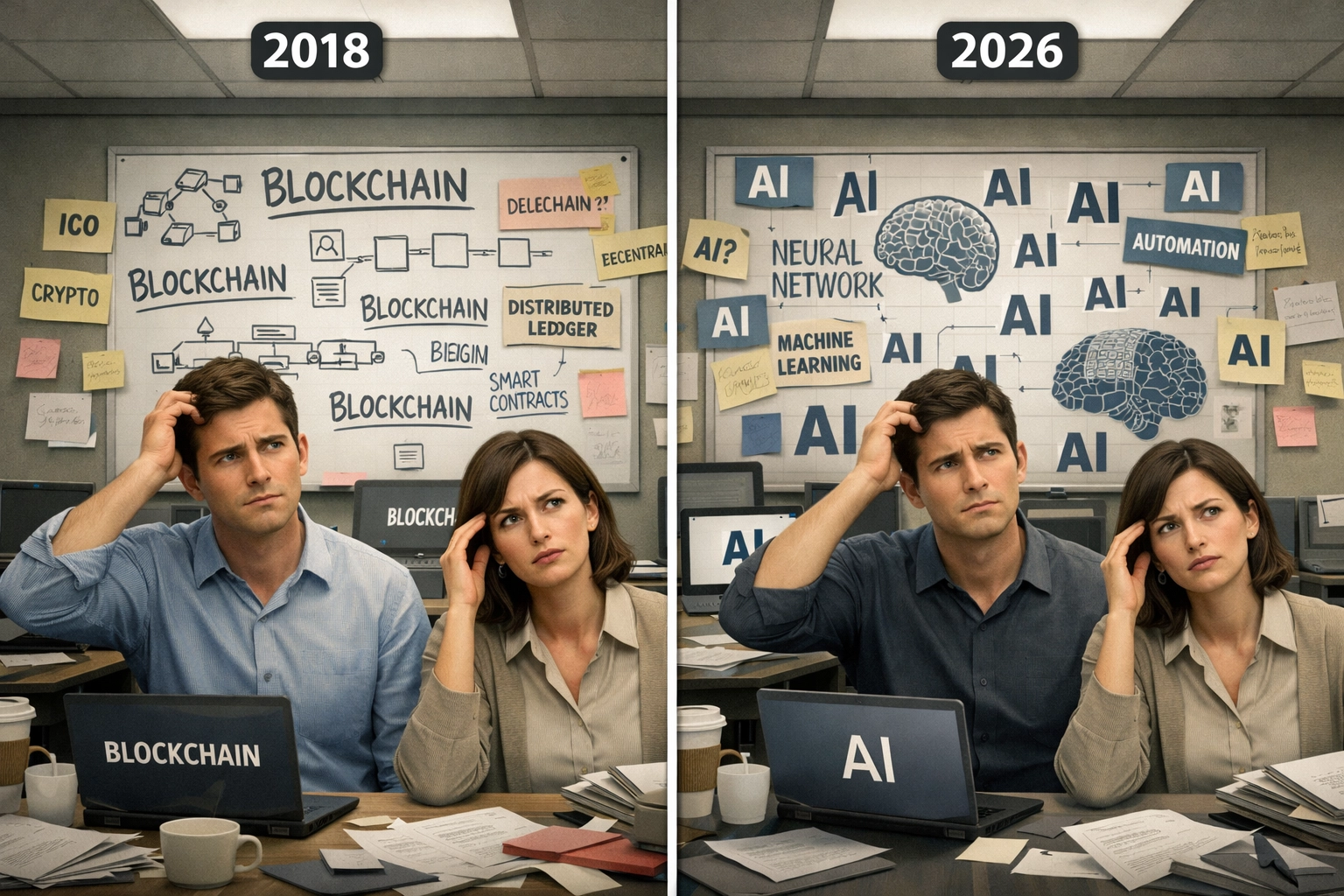 Office comparison showing blockchain buzzwords in 2018 versus AI buzzwords in 2026