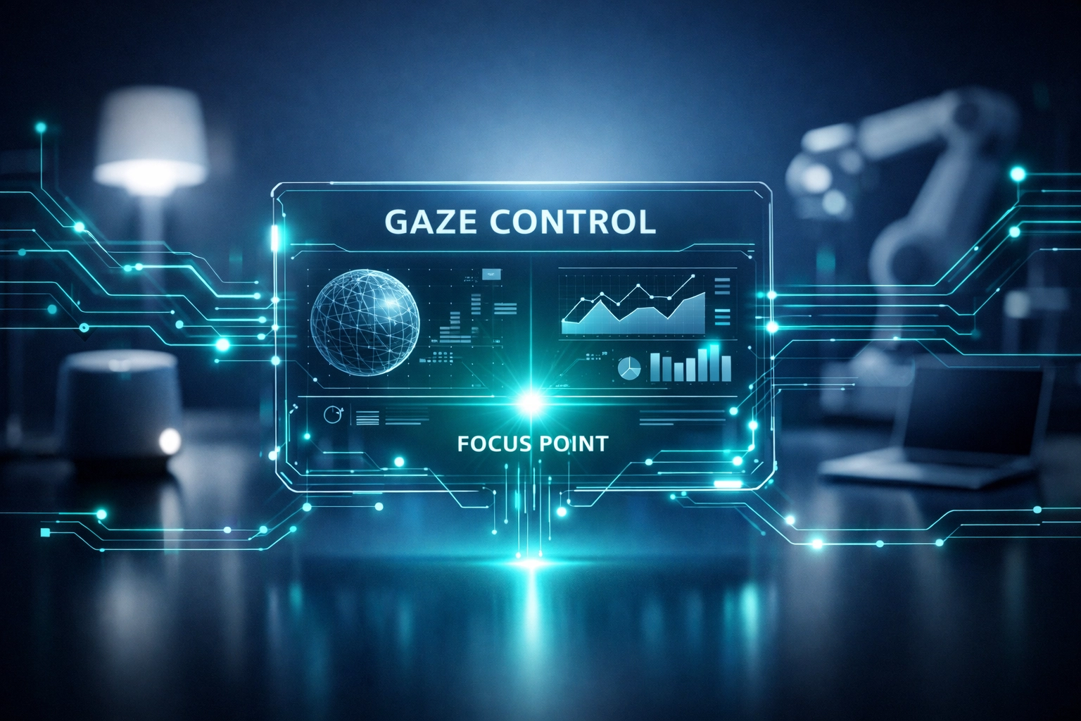 Vision-based interface showing gaze fixation and eye-controlled software interaction in a smart workspace.