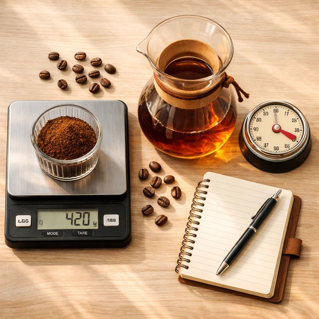 Batch coffee brewing essentials including scale, carafe, and fresh beans on countertop