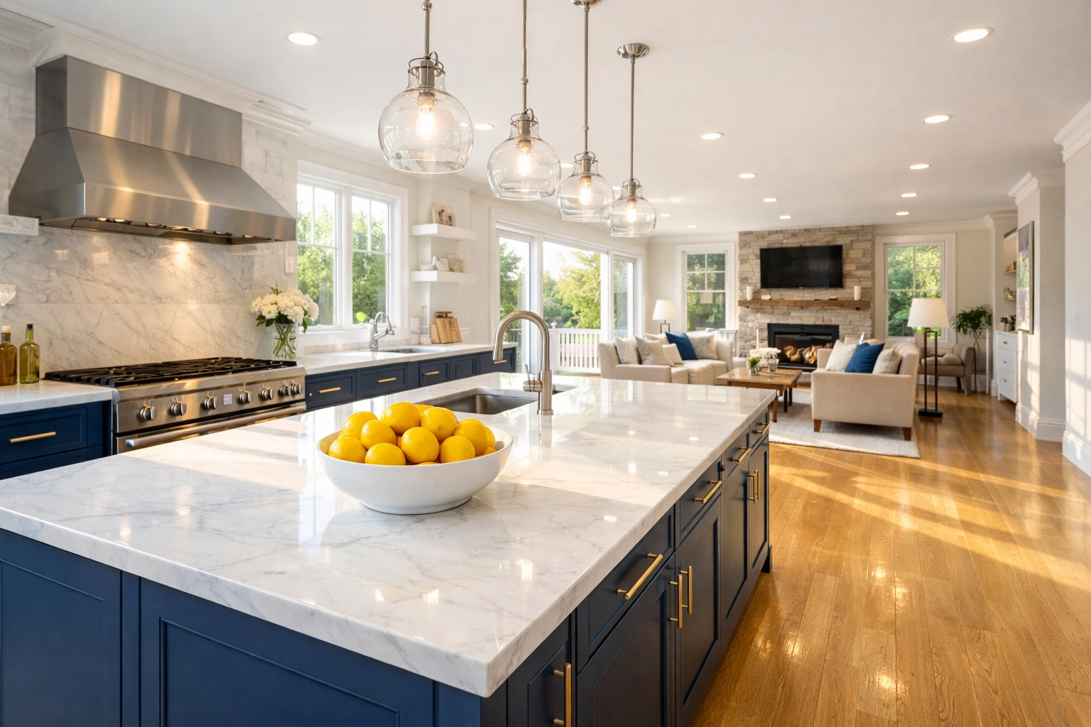 Luxury Massachusetts kitchen with spotless countertops and polished floors cleaned by professional cleaning services near me.