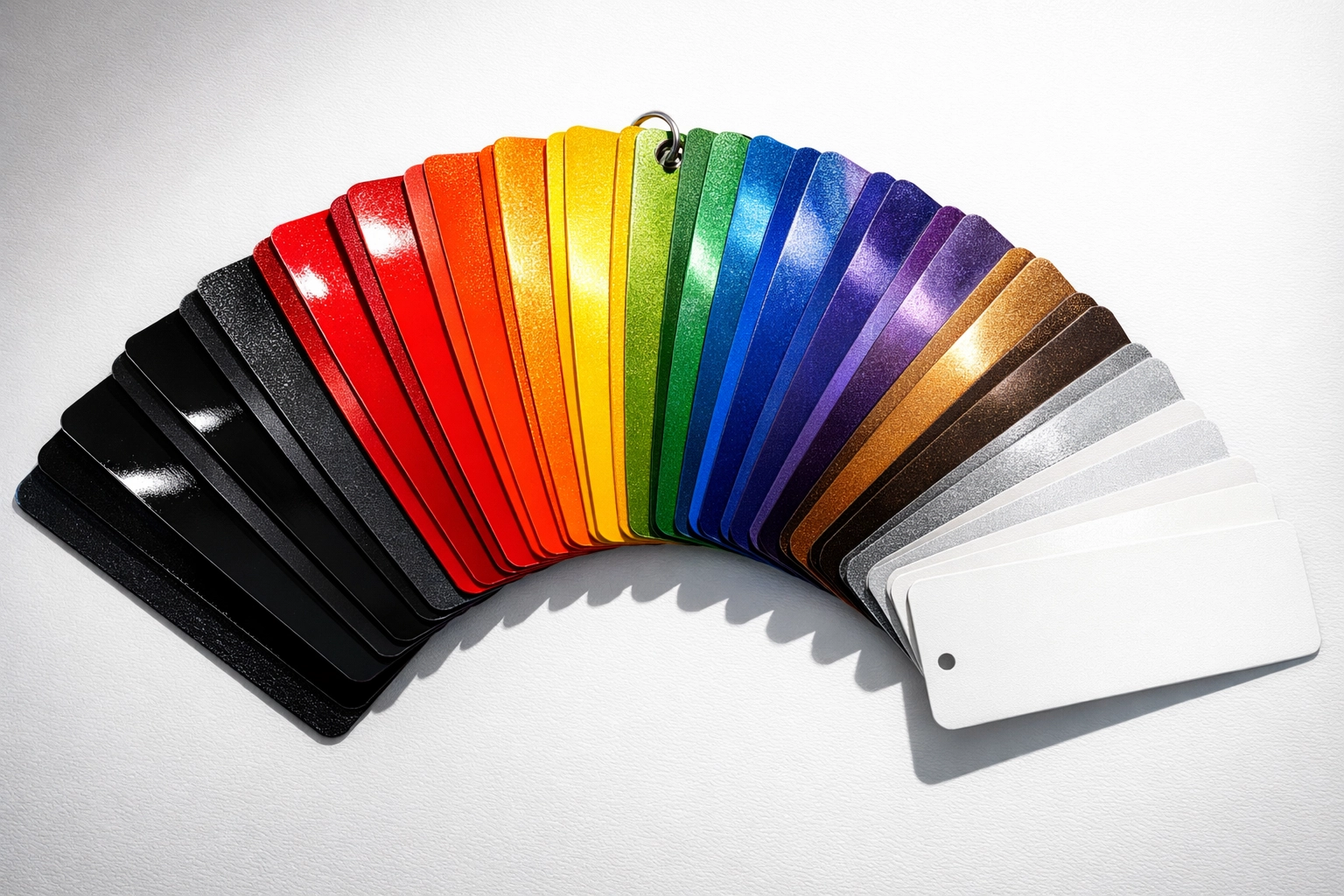 Powder coating color samples showing variety of finishes and custom options