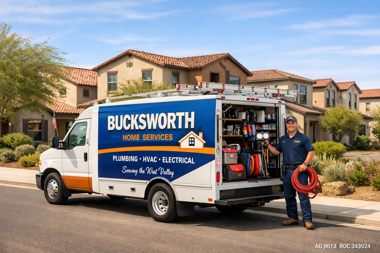 Bucksworth Home Services service truck parked in a Surprise AZ neighborhood for seasonal weed prevention visits.