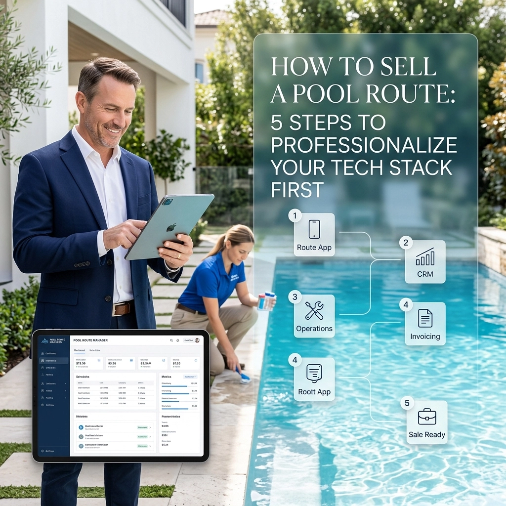 Pool routes for sale guide cover image showing a professional pool service business preparing for sale.