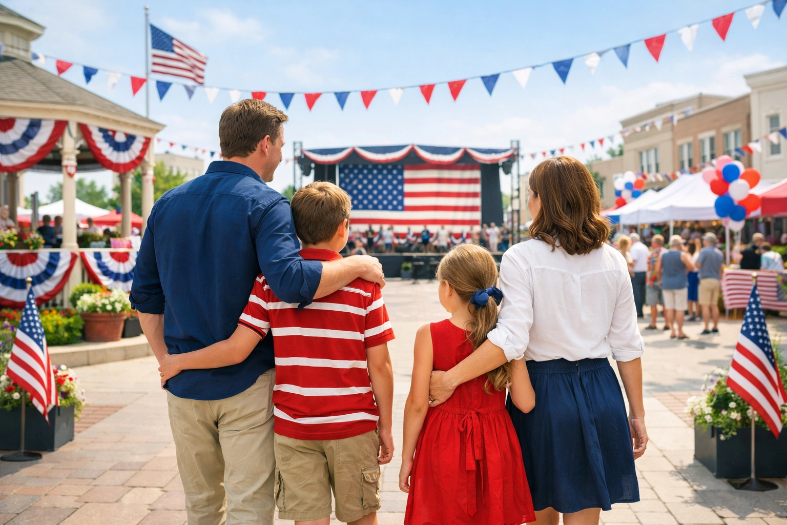 A patriotic family celebrating America’s 250th anniversary traditions near an American flag.