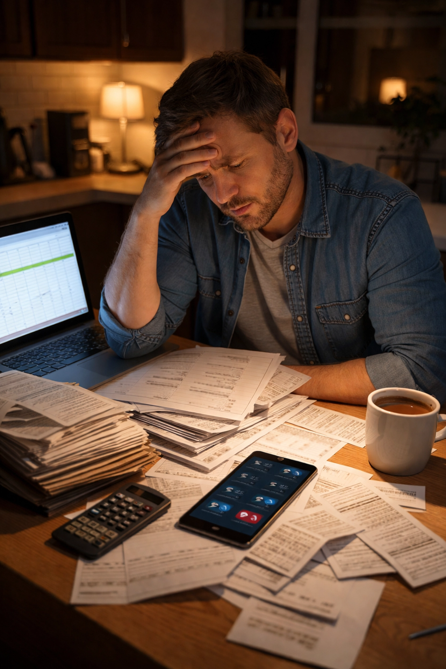 Stressed Nashville landlord at kitchen table with paperwork and laptop, highlighting rental property management challenges