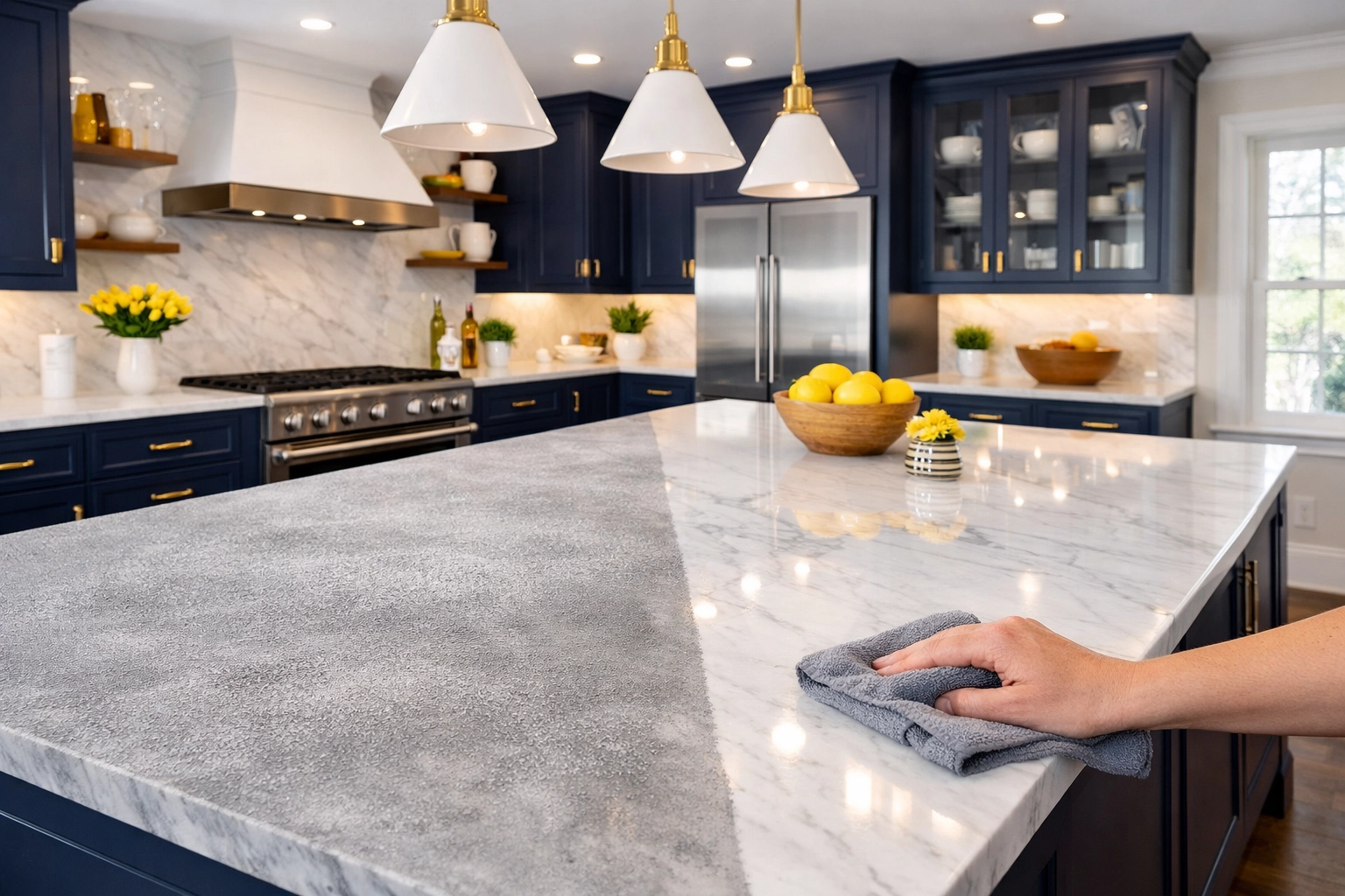 Professional post construction cleaning Medfield revealing a clean marble countertop in a luxury kitchen renovation.