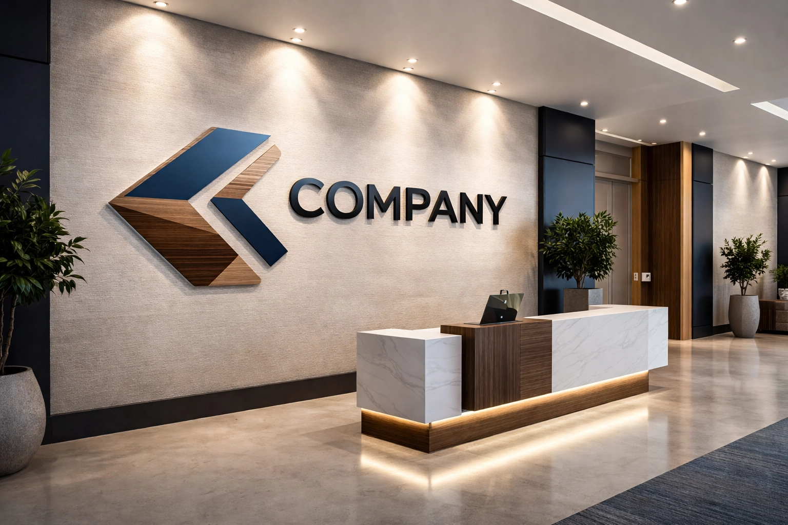 Modern corporate lobby with branded dimensional wall sign emphasizing brand identity