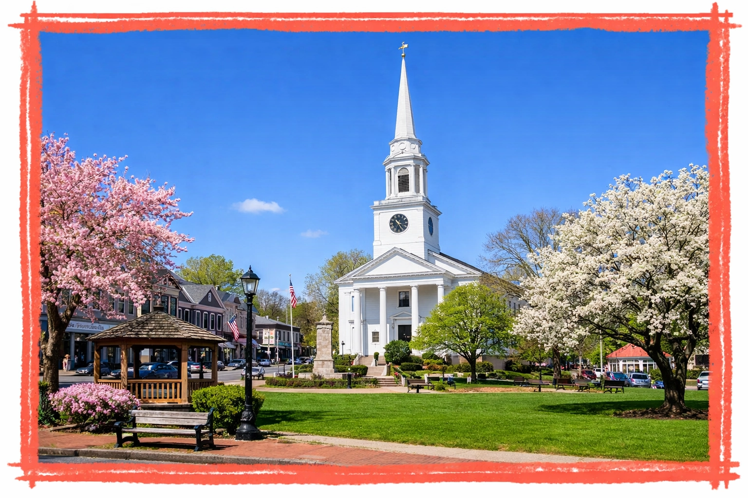 A peaceful historic Connecticut town center representing local probate real estate expertise.