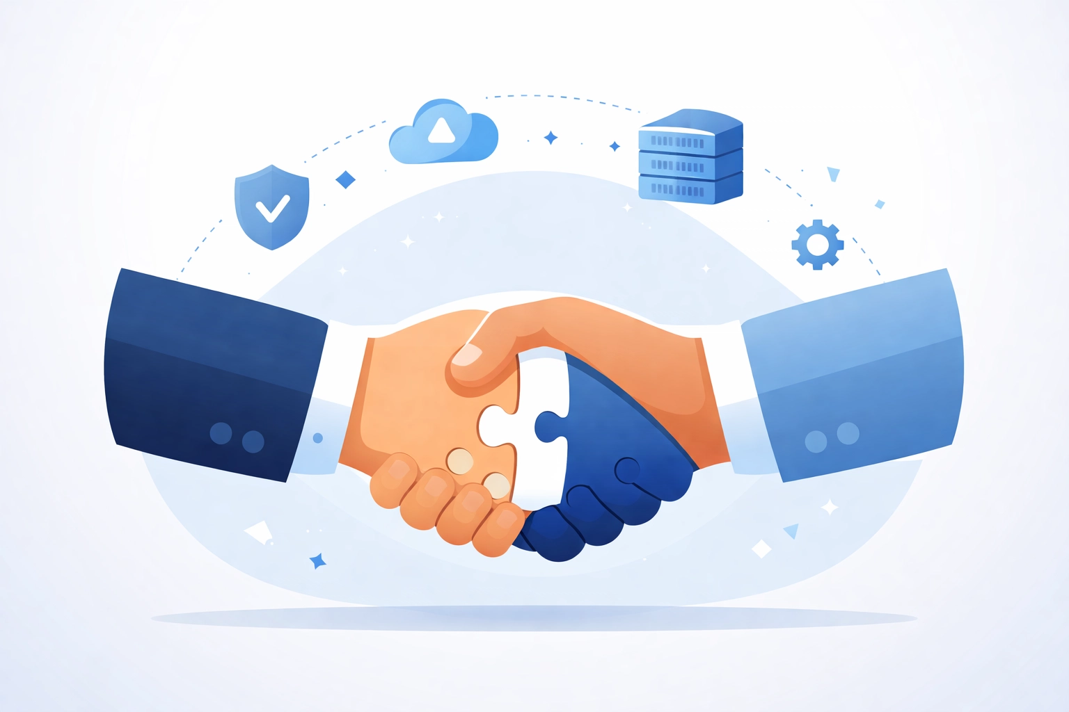Professional handshake with IT service icons symbolizing whitelabel IT partnerships and trust.