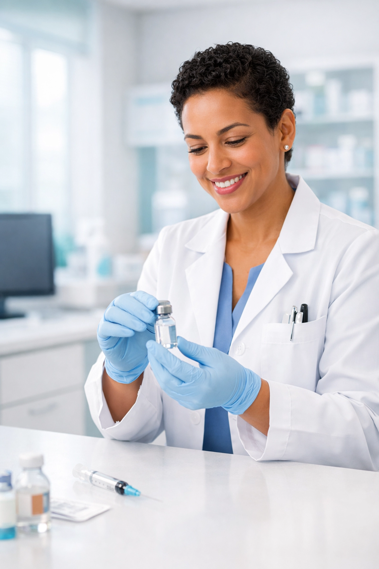 A professional pharmacist preparing a compounded GLP-1 weight loss medication in a clinical pharmacy.