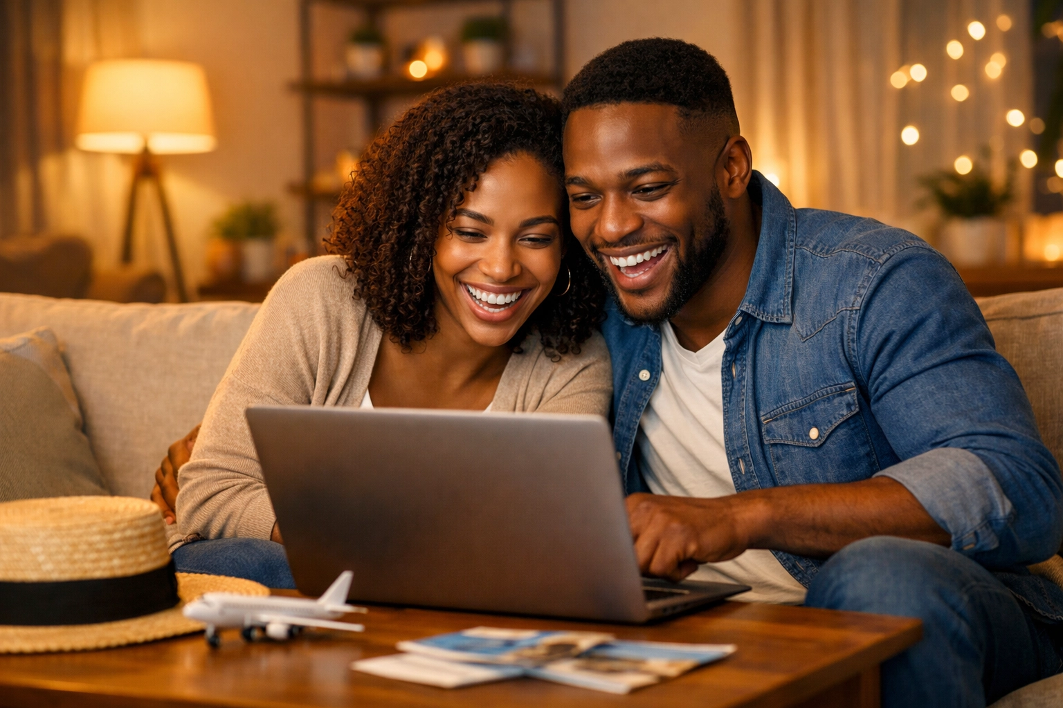 Couple planning honeymoon together on laptop researching travel destinations